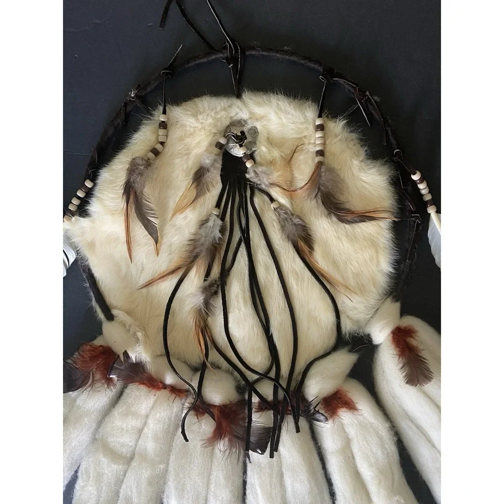 Vintage handmade Native American Dream Catcher Authentic Fur Hide Feathers